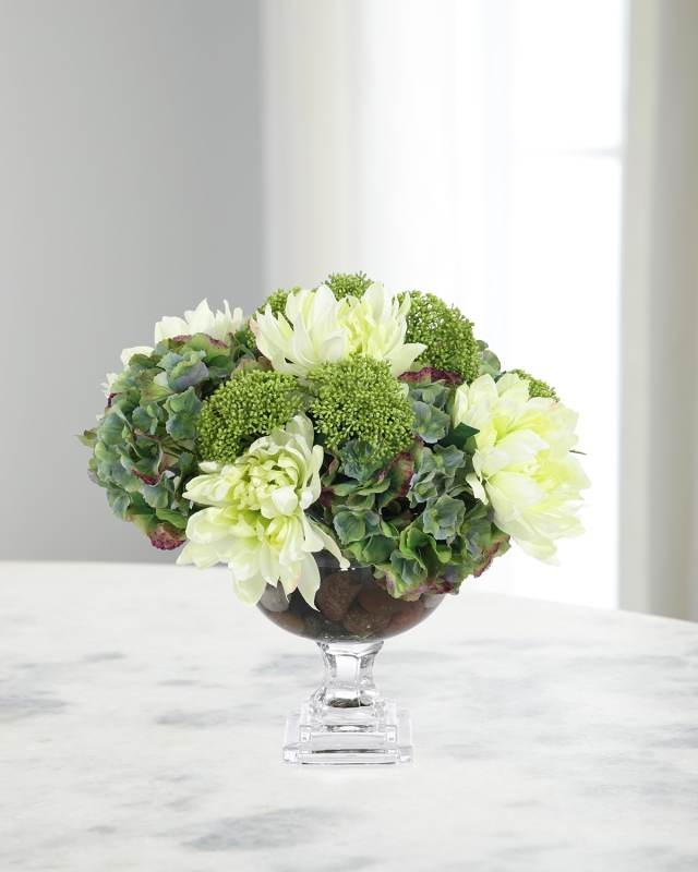 Teal Green Hydrangeas 18" Faux Floral Arrangement in Glass Vase